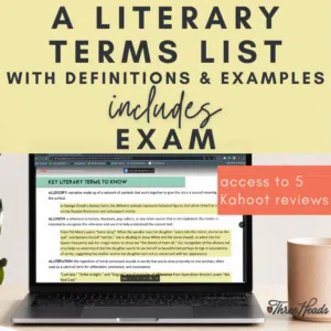 Resource title: A Literary Terms List with Definitions & Examples. Includes Exam. Access to 5 Kahoot reviews. This resource can be used as part of a teacher's AP Lit exam review.