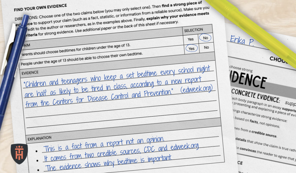 Sample pages from Three Heads resource for teaching choosing evidence.