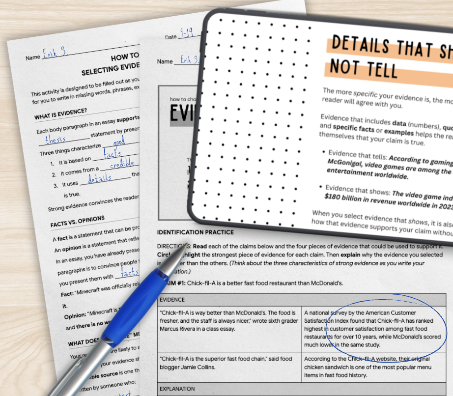 Sample pages from Three Heads resource for teaching supporting claims with evidence.