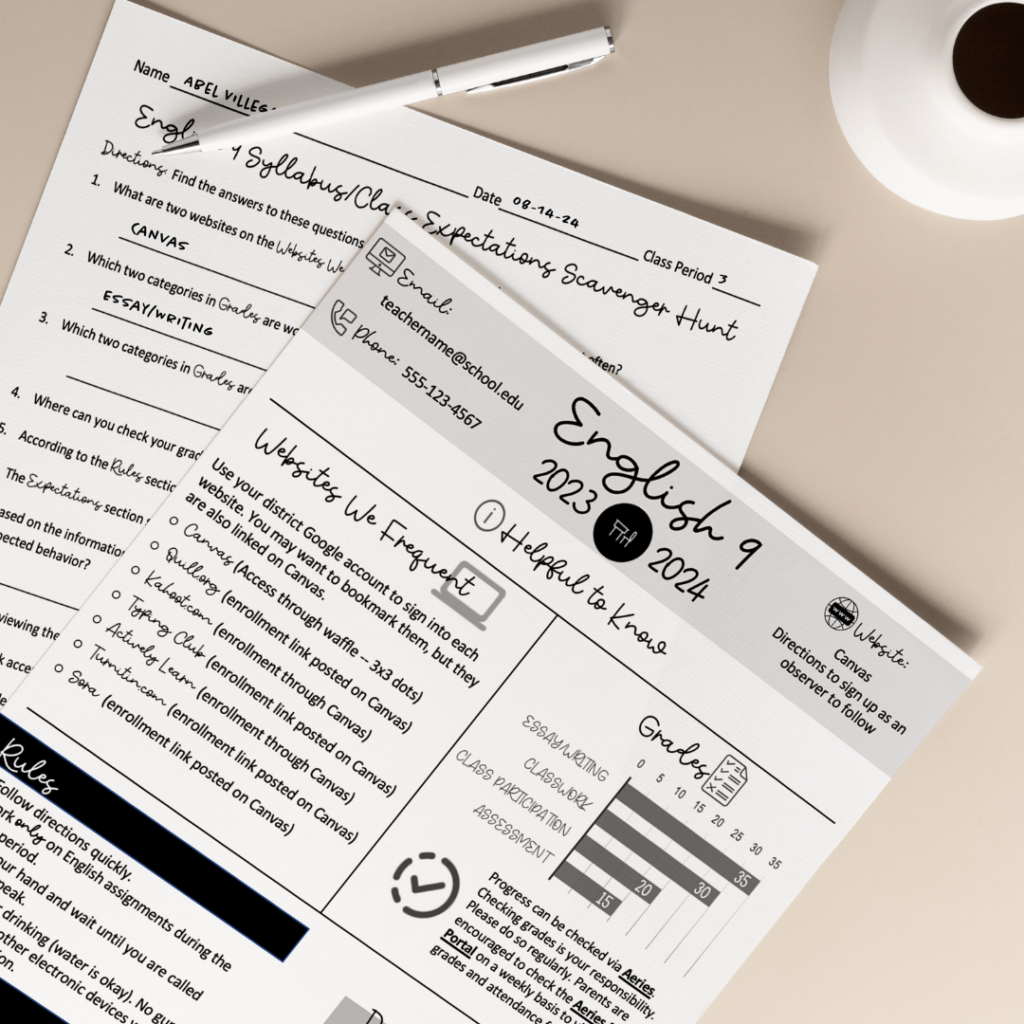Infographic Syllabus and scavenger hunt worksheet for the first week of school.