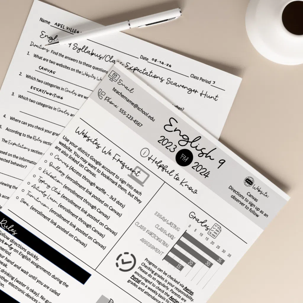 Infographic Syllabus and scavenger hunt worksheet for the first week of school.