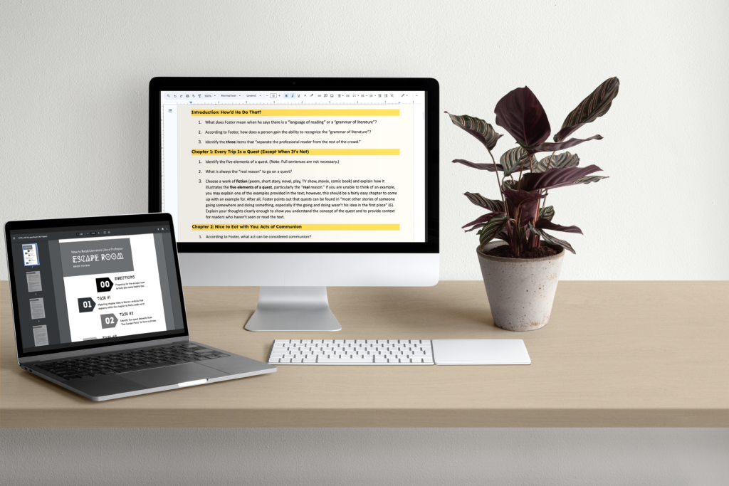 Images of documents on a desktop and laptop from the How to Read Literature unit which can be found in the Three Heads TPT store.