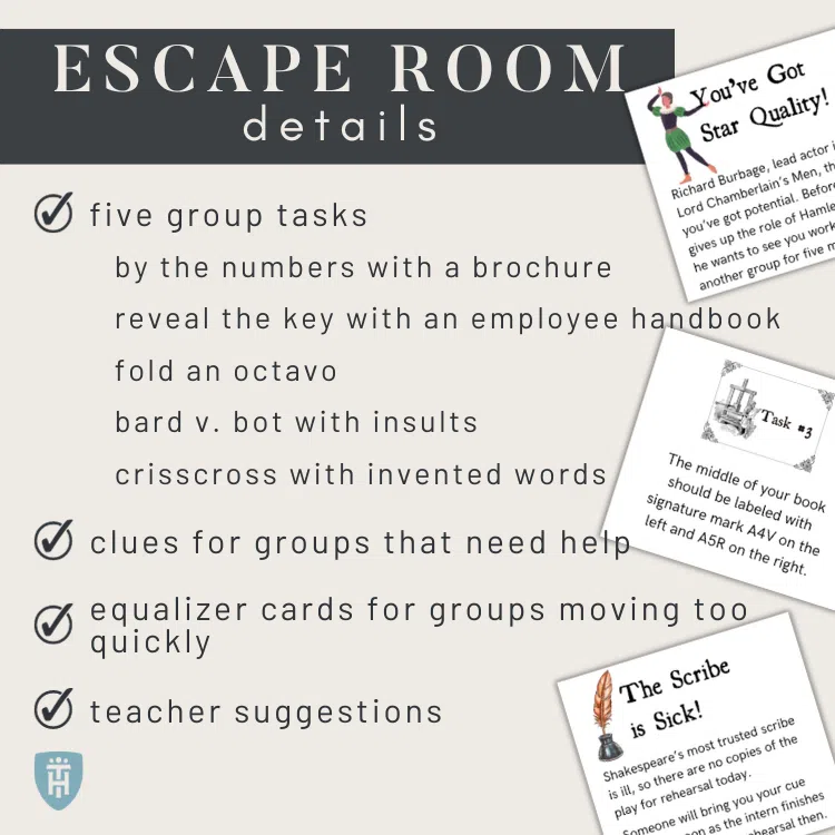 Escape Room details: 5 group tasks, clues for groups that need help, equalizer cards for groups moving too quickly. Images of three cards from the escape room.