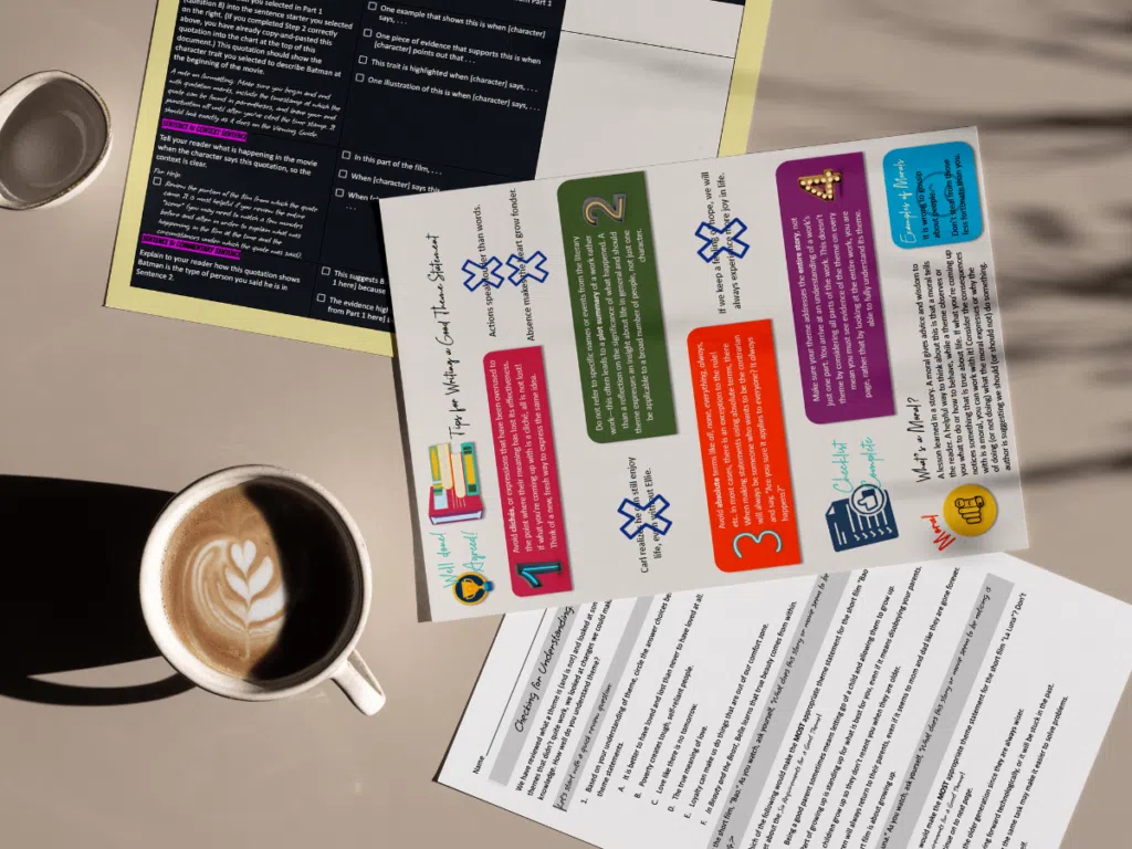 Image of resources from Theme Activity - Supporting Theme Using Character Analysis - Secondary ELA Unit. Graphic organizer, infographic, and worksheet.