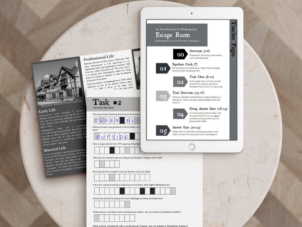 Image of resources from Introduction to Shakespeare Escape Room.