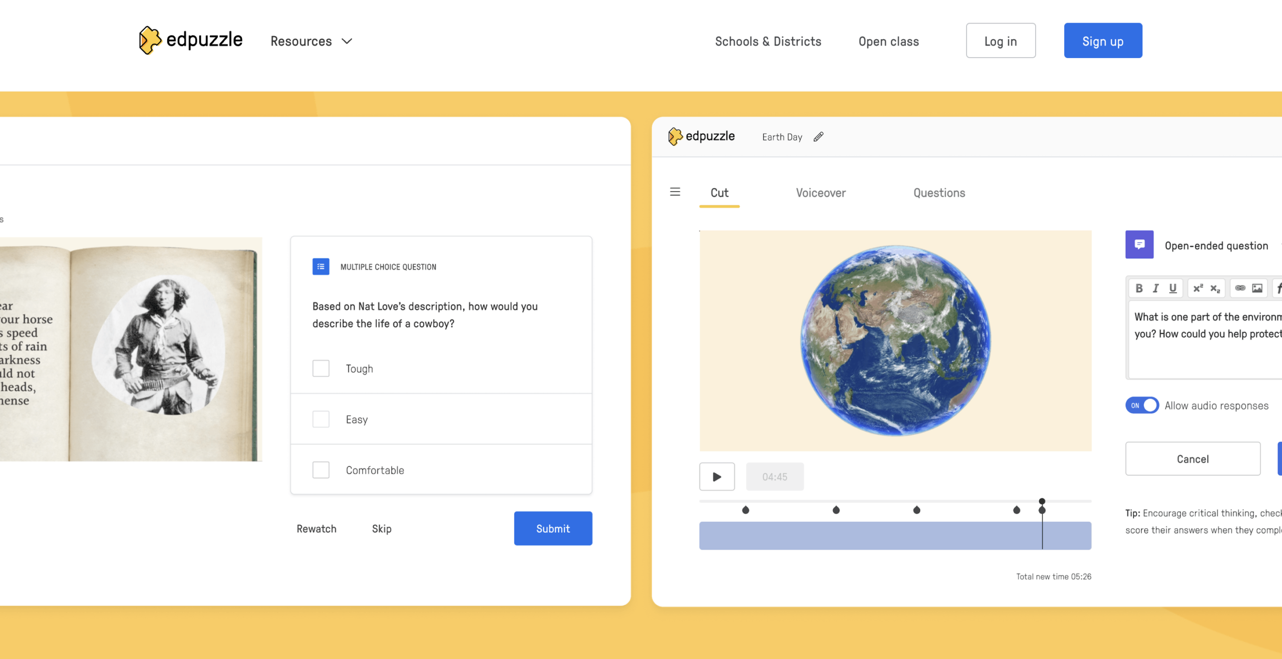Image of Edpuzzle webpage with two sample question types: multiple choice and open-ended.