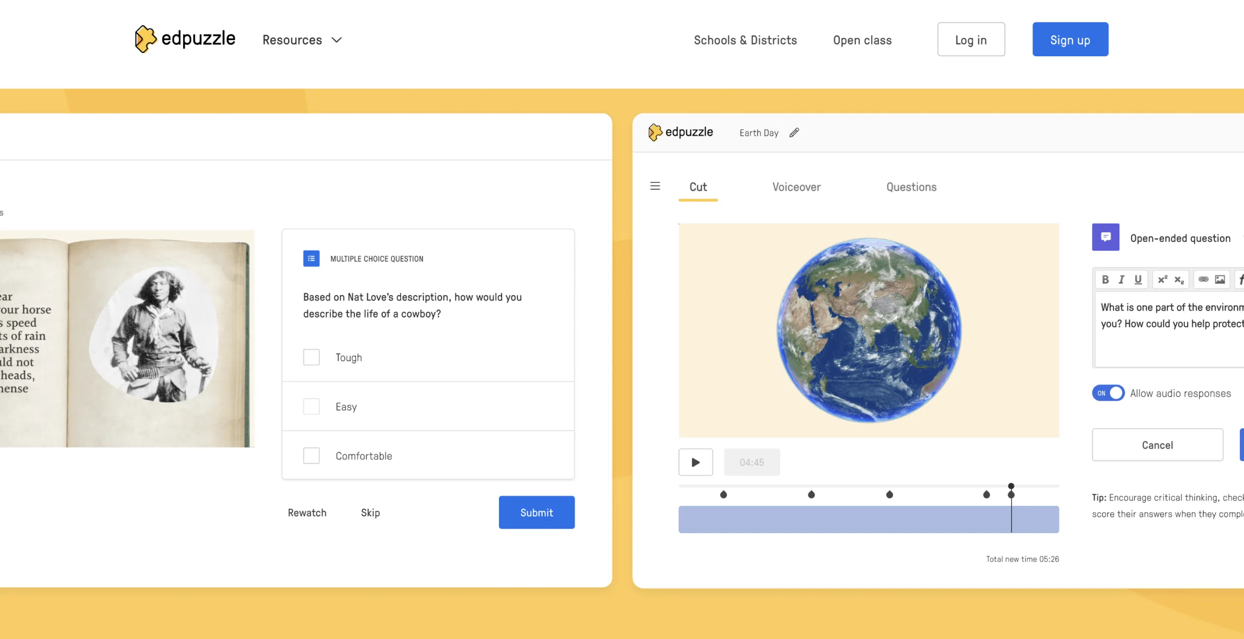 Image of Edpuzzle webpage with two sample question types: multiple choice and open-ended.