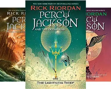 Image of book covers for the first three books in the Percy Jackson and the Olympians book series by Rick Riordan.