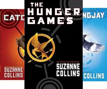 Image of the three book covers in The Hunger Games trilogy by Suzanne Collins.