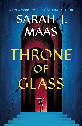 Book cover. #1 New York Times Bestselling Author Sarah J. Maas. Throne of Glass. Illustration of young woman standing in arched hallway with a sword over her right shoulder.