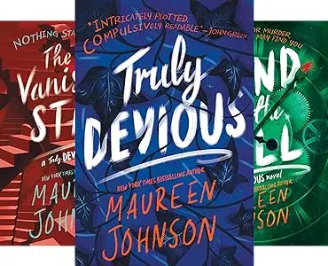 Image of three book covers from the Truly Devious young adult book series by Maureen Johnson.