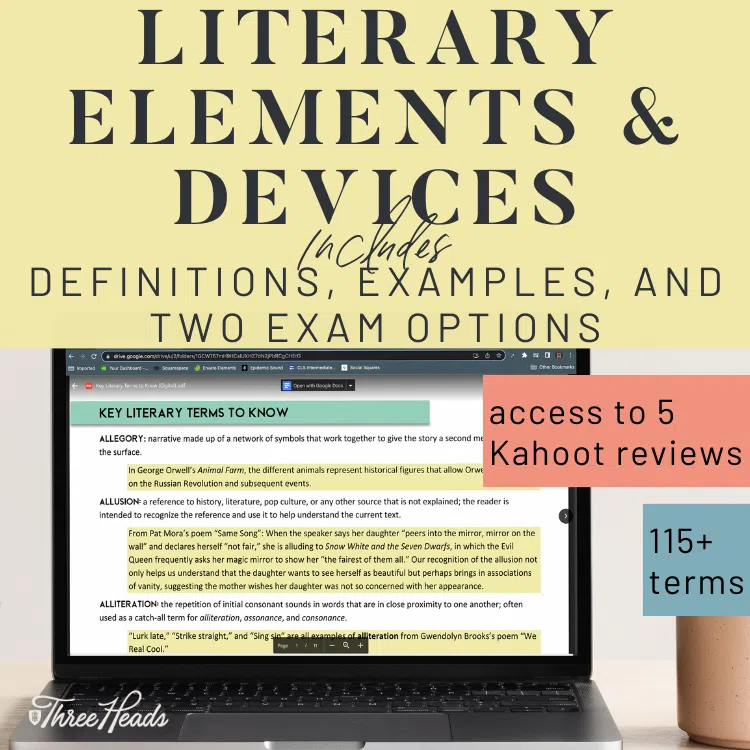 Literary elements and devices includes definitions, examples, and two exam options. Access to 5 Kahoot reviews. 115+ terms. Image of laptop screen with "literary terms to know" list.