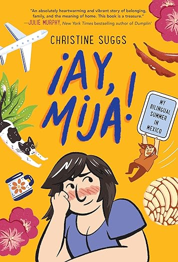 Book cover: drawing of Christine surrounded by an airplane, cat, coffee cup, pink flowers, chilis, and a concha (Mexican sweet bread).