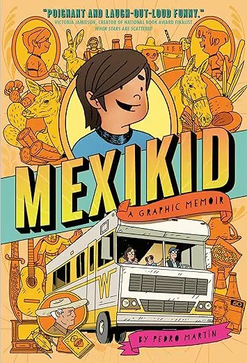 Book cover: cartoon drawing of Pedro Martin with white and yellow Winnebago.