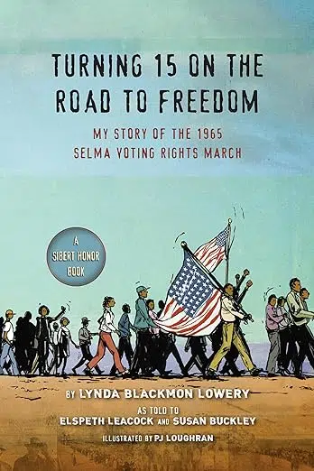 Book cover: illustration of peaceful protestors carrying American flag. 