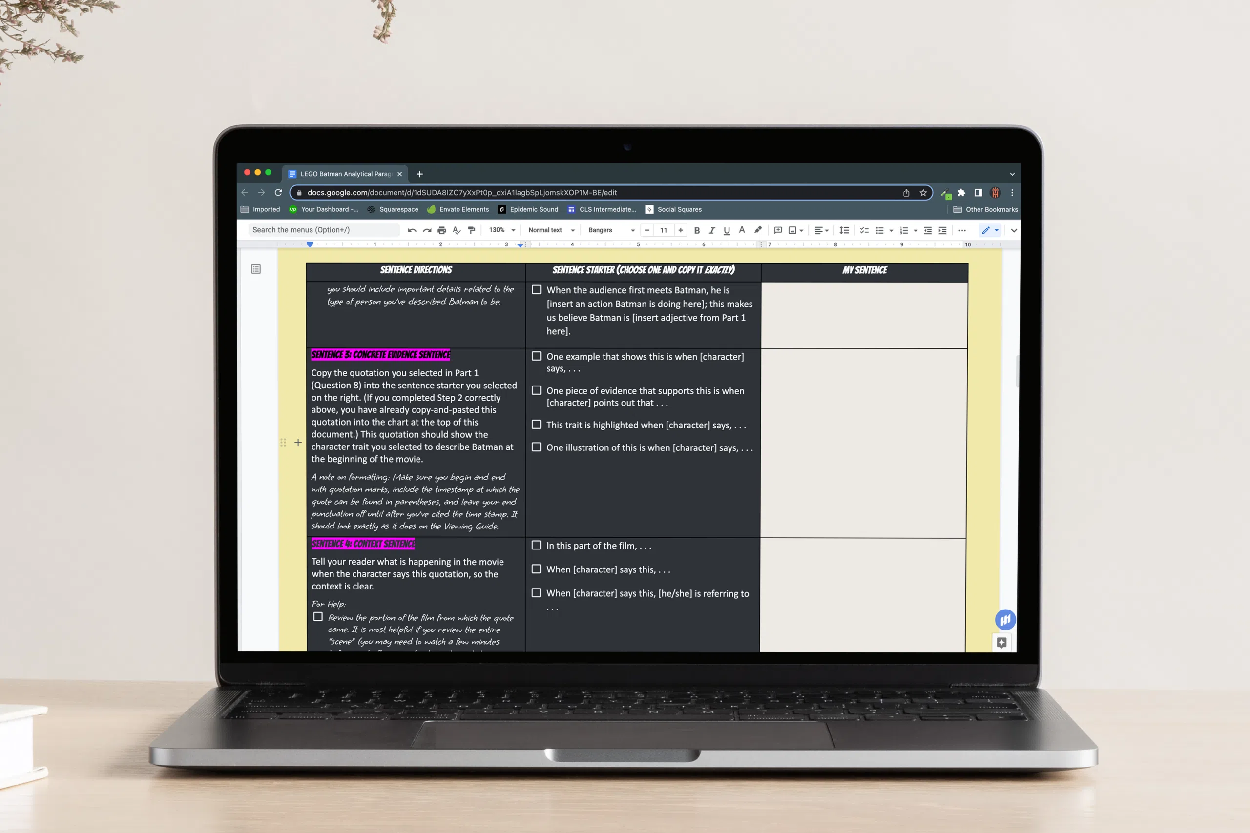 Essay graphic organizer with sentence frames and sentence starters.