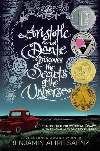 Book cover. Old red truck parked in grass overlooking nature scene. 