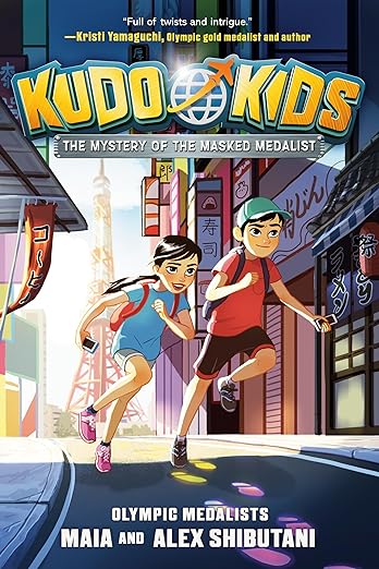 Book cover illustration of tween boy and girl running through streets of Tokyo.