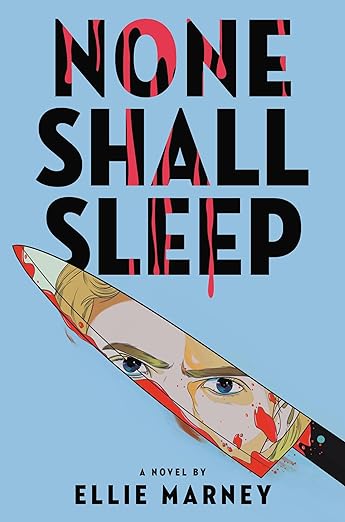 Book cover: bloody knife with blonde haired person's teary eyes reflected in blade.