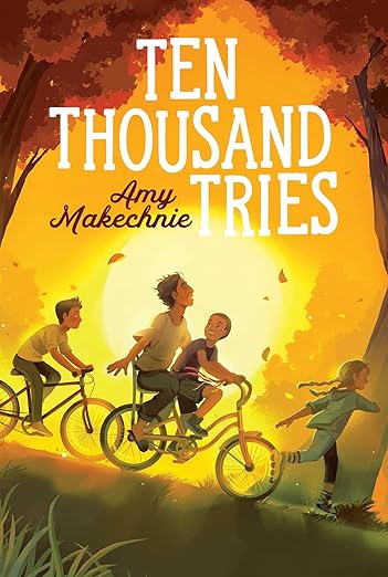 Book cover illustration of a family riding bikes and rollerblading through a park at sunset.