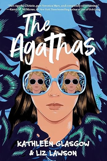 Book cover: Brunette female surrounded by plant leaves, wearing blue sunglasses with blond female reflected in the lenses.