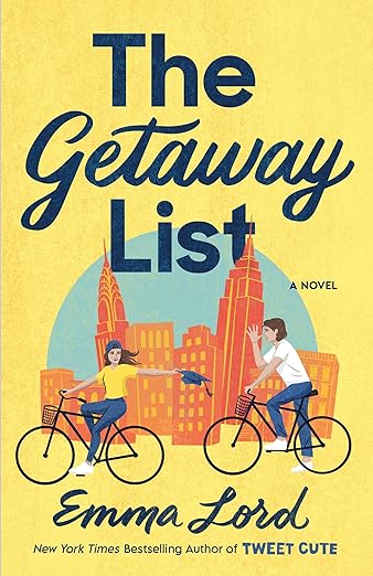 Book cover. Drawing of two teens biking through New York City.