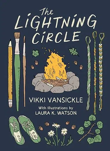 Book cover. Drawing of paint brushes, pencil, friendship bracelets, plants, shoes, and a camp fire.