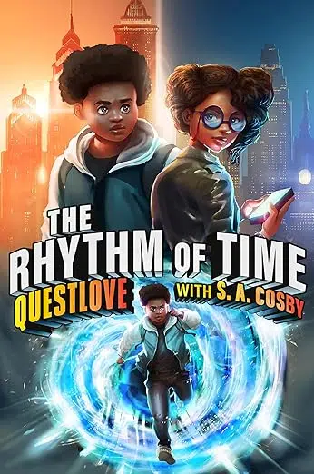 Book cover. Drawing of two tweens. Tween boy running out of whirled circle of light.