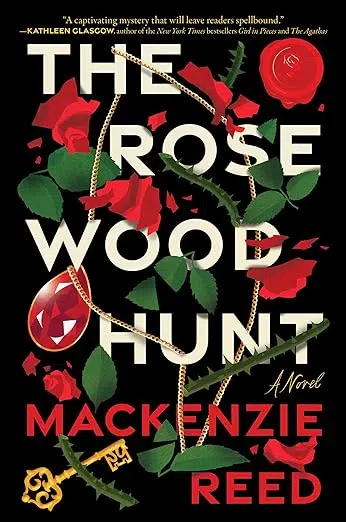 Book cover: cut up red roses, red jewel on gold chain, gold key, and red wax seal.