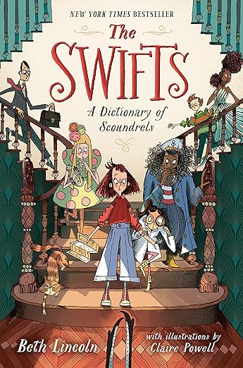 Book cover: seven individuals standing on staircase in home.