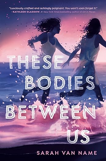 Book cover. Two young women running along white waves crashing on shore.