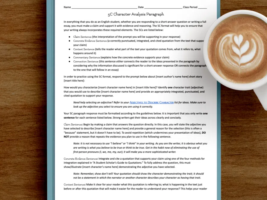 Page from character analysis activity that can work with any of the short stories high school students will enjoy we've listed here.