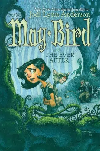 Book cover cartoon-style illustration of tween girl with a hairless cat on her back standing in a creepy forest. In the background loom monsters.