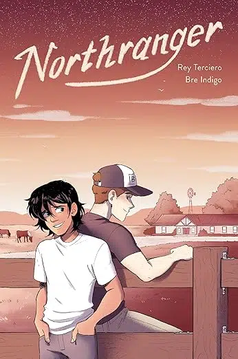Book cover. Anime-style illustration of two teen boys standing against a wooden fence on a ranch.