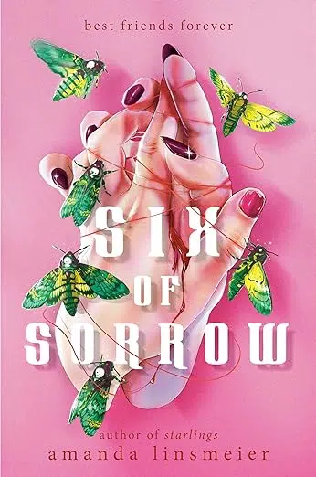 Book cover. Hands clasped, tied with red string, blood oozing from between the palms. Green and yellow moth-type bugs flying around and resting on the hands.