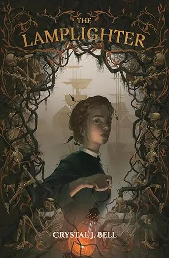 Book cover. A young woman carrying a small handheld lantern framed by barren tree branches and skeletons. 