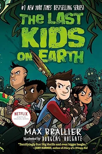 Book cover cartoon-style illustration of four tweens armed with homemade weapons. Robot-looking monsters looming behind.