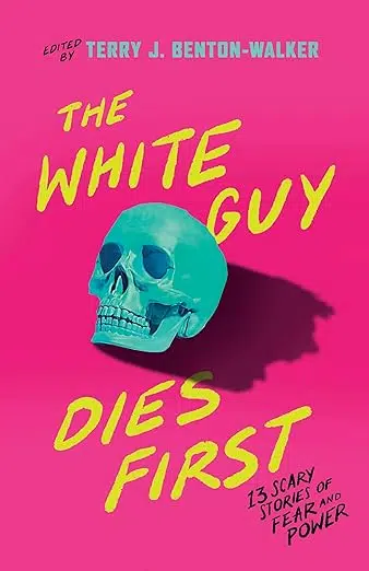 Book cover. Neon blue skull on neon pink background.