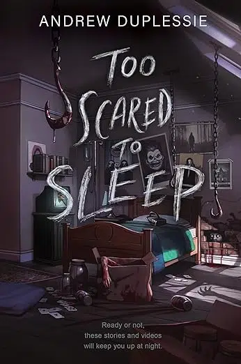 Book cover. Teen's room, horror posters on walls, glowing eyes appearing from hole in all, monster arm silhouette in window, bloody arm hanging out of box at foot of bed.
