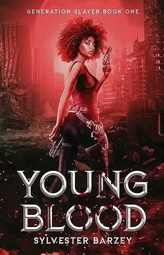 Book cover. Black teen standing in foreground with guns in both hands, a ruined New York City in the background.