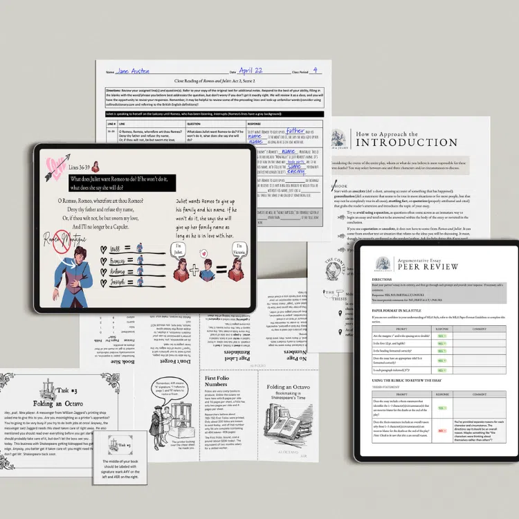 Sample pages from Three Heads Romeo and Juliet unit plan.