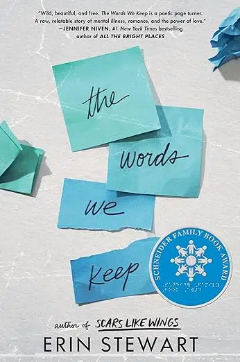 Book cover title of book written on blue post-it notes. Schneider Family Book Award seal.