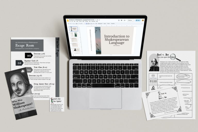 Introduction to Shakespeare resource sample pages. Escape room teacher pages, who was William Shakespeare brochure, laptop with Introduction to Shakespearean Language slide show, task 4 Bard v. bot, and Bard v. Bot can you spot the fake?
