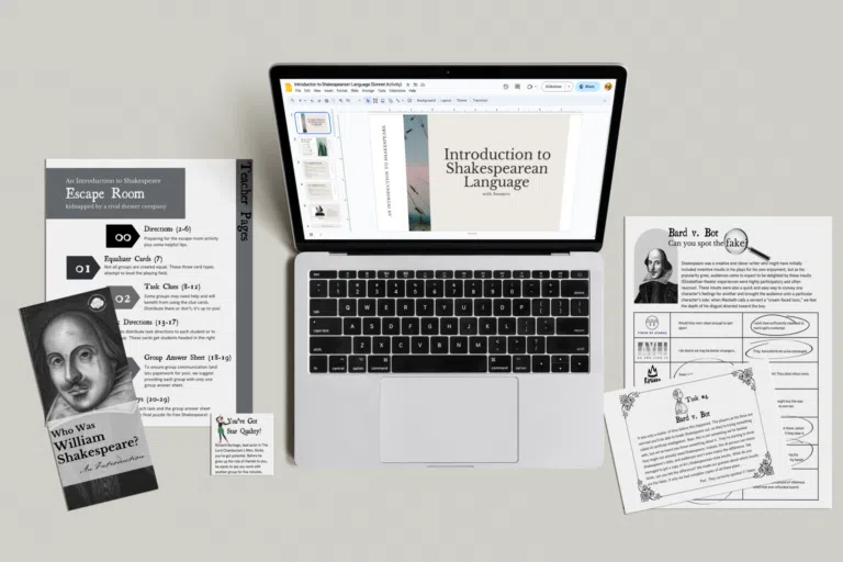Introduction to Shakespeare resource sample pages. Escape room teacher pages, who was William Shakespeare brochure, laptop with Introduction to Shakespearean Language slide show, task 4 Bard v. bot, and Bard v. Bot can you spot the fake?