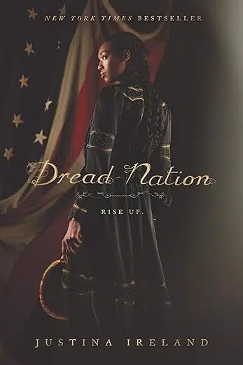 Book cover. Black teen female standing in front of an American flag with a bloody scythe in her hand.