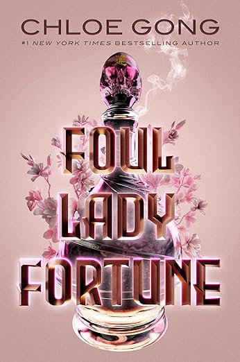 Book cover. Decanter of liquid with skull cap, surrounded by pink flowers.