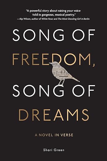 Book cover. Black background with silhouette of songbird made from sheet music.