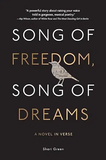 Book cover. Black background with silhouette of songbird made from sheet music.