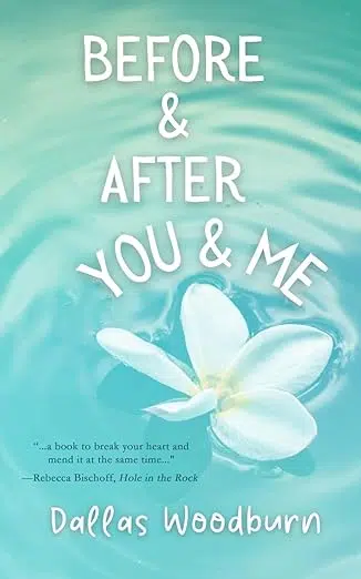 Book cover: white flower floating in blue-green water. 
