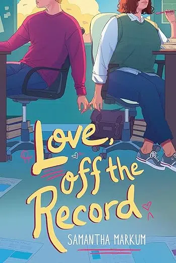 Book cover: Shoulders down illustration of two people sitting at desks back-to-back with pinkies intertwined. 